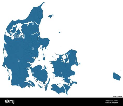 Shape of Denmark with its capital isolated on white background. Colored elevation map. 3D ...