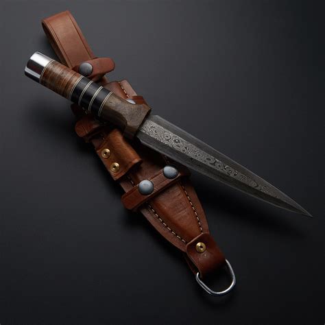 Raindrop Damascus Walnut Leather Tactical Dagger - Gunslinger Knives - Touch of Modern