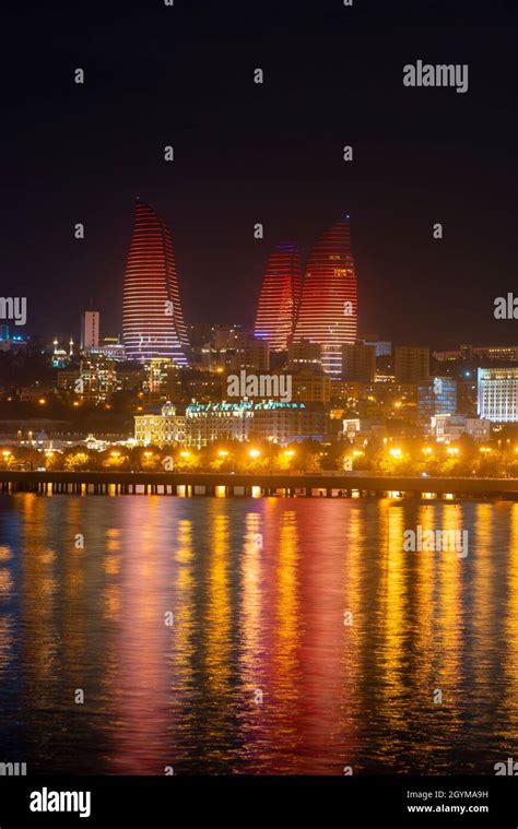 night photo of the waterfront of Baku, Azerbaijan, with the famous ...