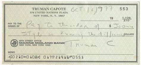 Truman Capote Signed Bank Check Inscribed to Joanne Carson - Vintage ...