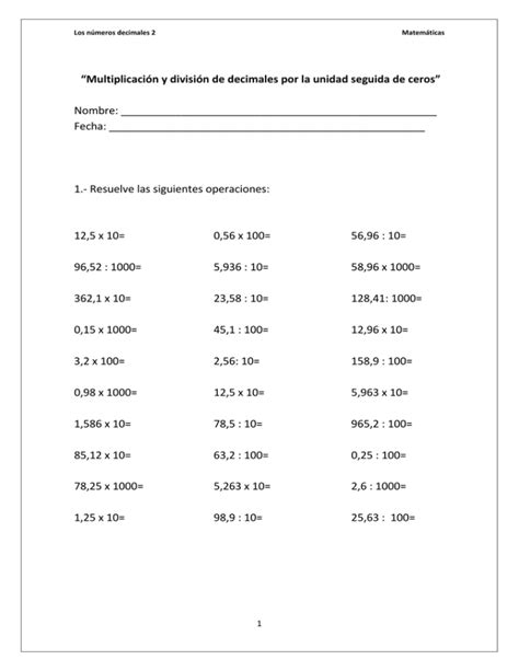 Suma Resta Multiplicacion Y Division De Decimales