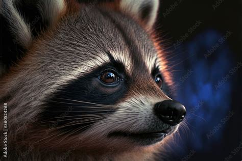 a raccoon with blue eyes looking at something in the distance with a ...