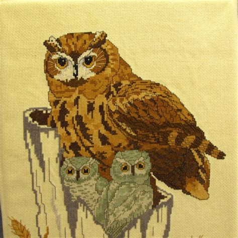 Owl Family Cross Stitch Completed 12x16" Finished Vintage Animal Owls Stump Bird | Owl family ...