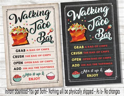 Walking taco Bar Menu Poster Sign in both chalkboard and grunge linen ...