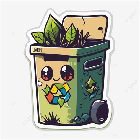 Cartoon Sticker On A Trash Can With Green Leaves And Plants Clipart ...