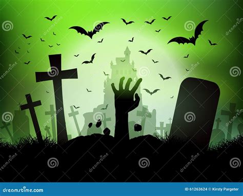 Halloween Landscape with Zombie Hand in Graveyard Stock Illustration - Illustration of undead ...