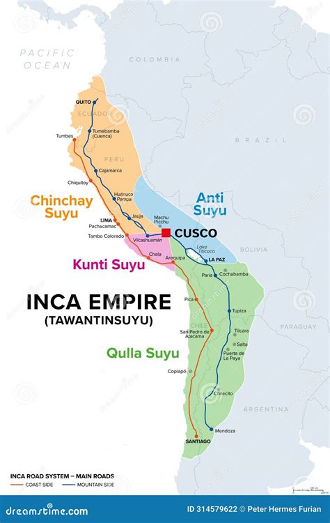 Inca Empire, Tawantinsuyu, Map With Four Suyus, And The Two Main Roads ...