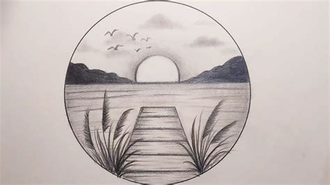 Easy circle scenery drawing/How to draw sunset scenery with pencil ...