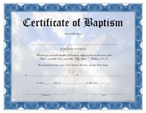 Printable Baptism Certificate with Dove Background & Bible Verse