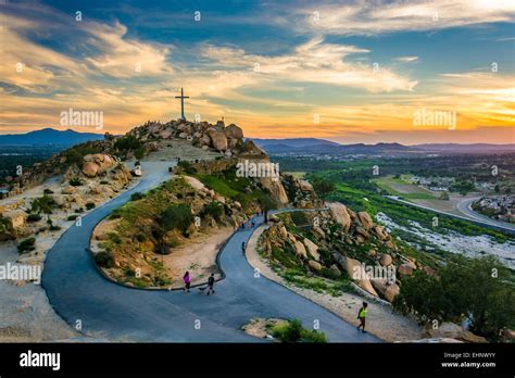 The cross and trails at sunset, at Mount Rubidoux Park, in Riverside, California Stock Photo - Alamy