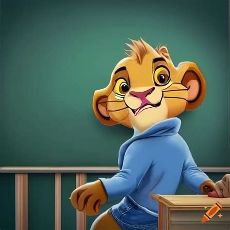 Anthropomorphic lion cub in school classroom on Craiyon