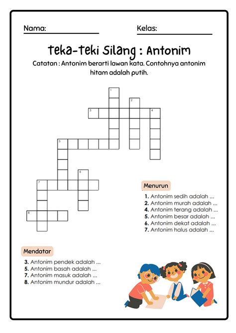 Teka Teki Silang: Antonim (Indonesia Worksheet) | Membaca kelas 5, Kartu tugas, Materi guru