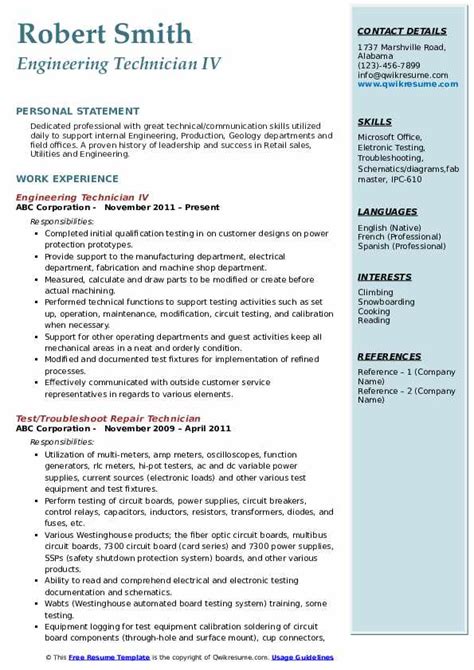 Engineering Technician Resume Samples | QwikResume