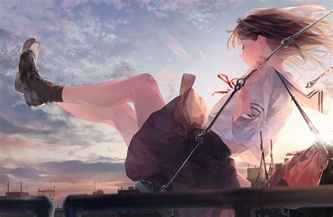 HD wallpaper: giant anime girl, swing, clouds, school uniform, sky, real people | Wallpaper Flare