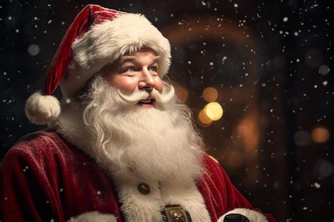 Premium AI Image | a santa claus is standing in the snow with a christmas tree in the background.