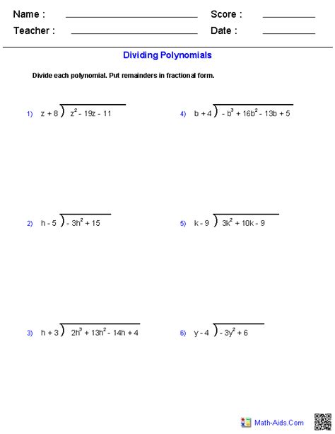 Dividing Polynomials Printable Worksheets