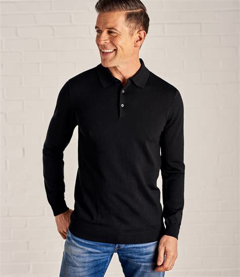 Black | Mens Luxurious Merino Long Sleeve Polo Shirt | WoolOvers US