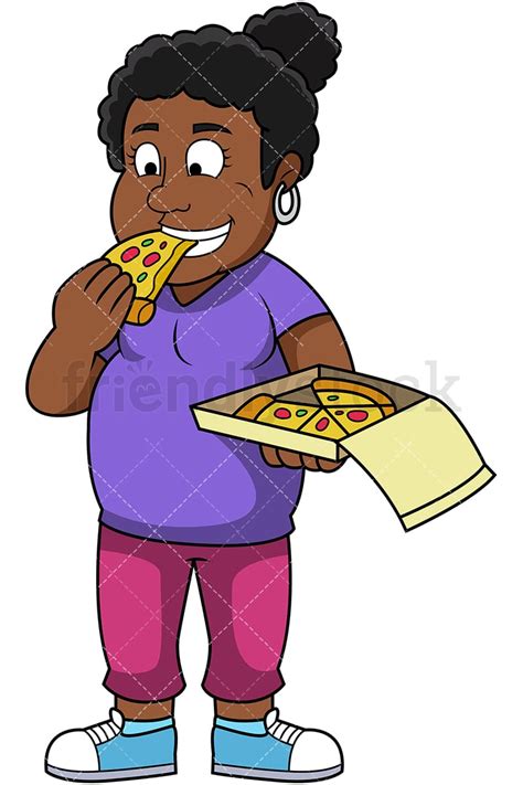 Fat Black Woman Eating Pizza Cartoon Vector Clipart - FriendlyStock