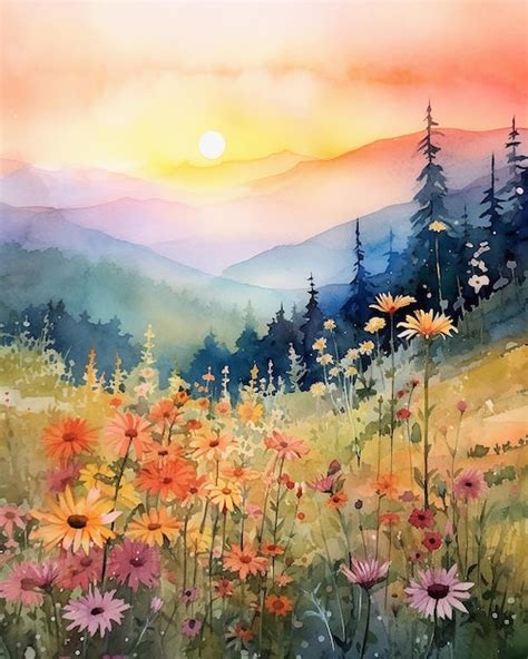 Premium AI Image | a watercolor painting of a mountain landscape with a ...