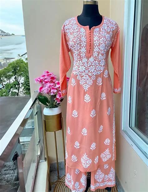 Rayon Chikankari Kurti Lucknowi Chikan Kurta Palazzo Set - Vasangini