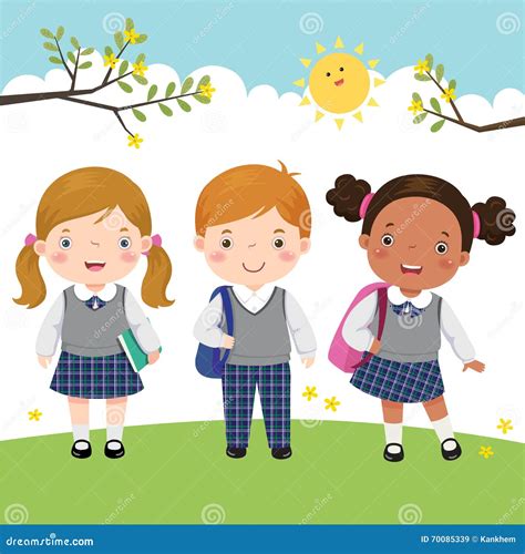 Three Kids In School Uniform Going To School Stock Vector - Image: 70085339