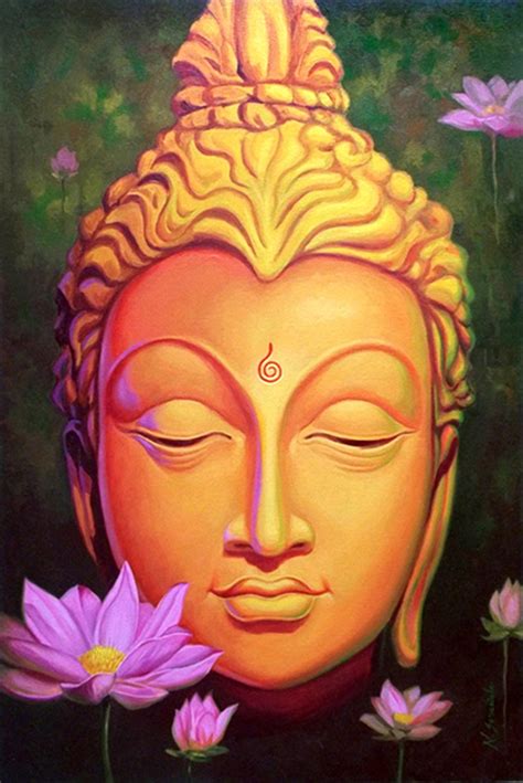 Buy Lord Buddha Meditating Face With Pink Flowers Canvas Wall Painting ...