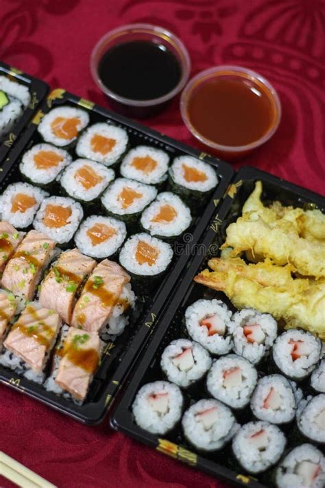 Take-away Delivery Sushi Box, Japanese, and Bowl of Soy Sauce Stock ...