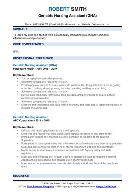 Geriatric Nursing Assistant Resume Samples | QwikResume