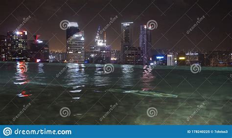 Singapore, Circa March 2020: Skyline from the City from the Infinity Pool of the Marina Bay ...