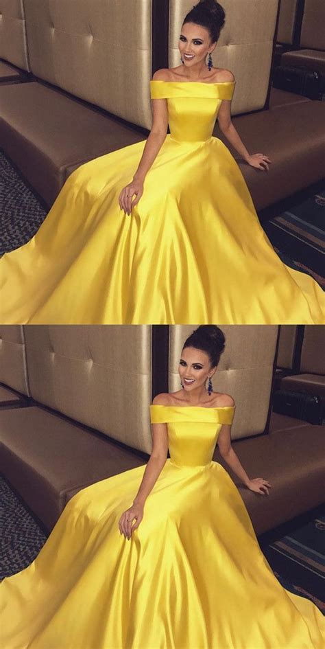 Off The Shoulder Long Satin Gold Prom Dresses Ball Gowns 2018 M1114 | Prom dresses yellow, Prom ...