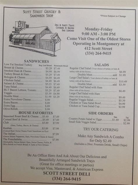 Menu at Scott Street Deli restaurant, Montgomery, 412 Scott St