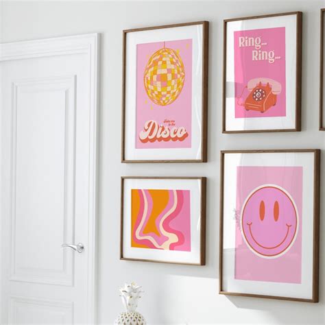 Pink Prints Pink and Orange Wall Art Digital Download 60s - Etsy