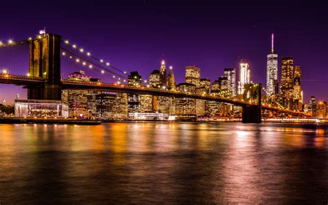 Brooklyn Bridge Wallpaper 4K, Night time, New York City