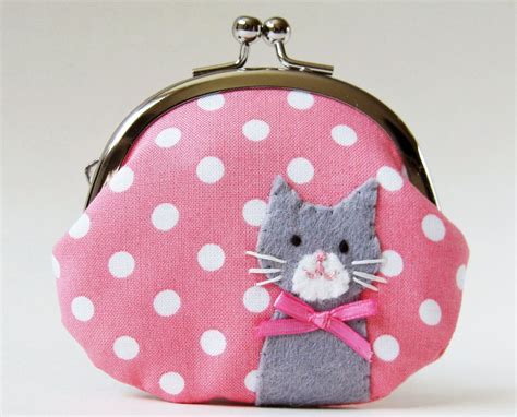 Cat coin purse gray kitty on pink polka dots