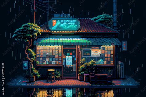 coffee shop, pixel art, anime aesthetic 素材庫插圖 | Adobe Stock