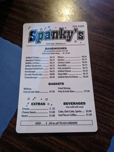 Menu at Spanky's Food & Spirits pub & bar, Mattoon