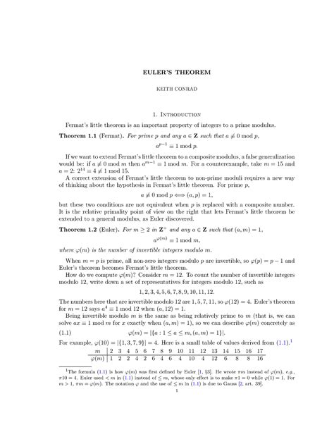 Eulerthm - Euler's Theorem - EULER’S THEOREM KEITH CONRAD Introduction ...