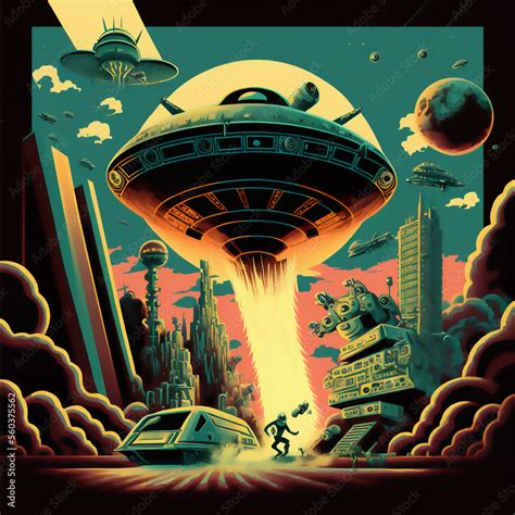 War of the worlds alien invasion apocalyptic cartoon design poster. AI Stock Illustration ...