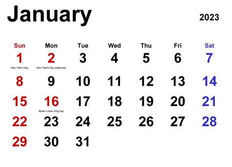 Free Printable January 2023 Calendar With Holidays Templates