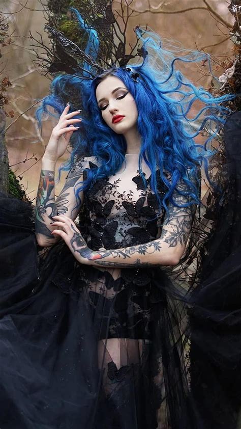 Gothic girl, black dress, blue hair, cosplay, mood, pretty, red lips, tattoos, HD phone ...