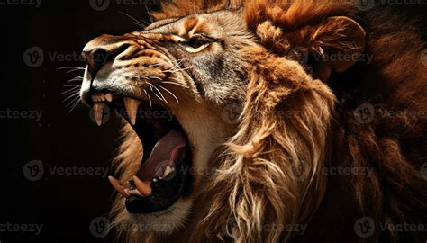 Majestic lion roaring with fury, showing teeth and large mane generated ...