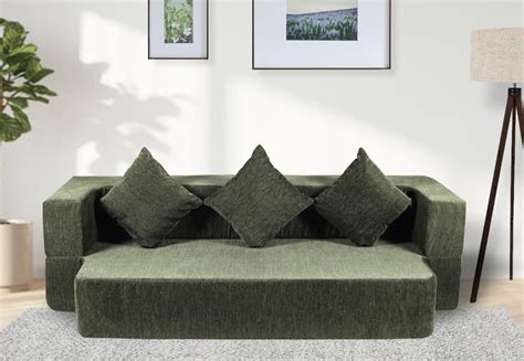 Buy Orthopedic Three Seater Chenille Fabric Sofa Cum Bed with Three Cushions (Green) Online in ...