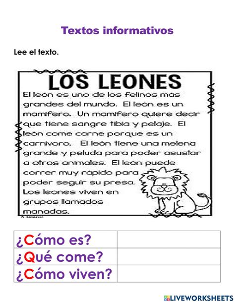 Texto informativo. Los leones worksheet