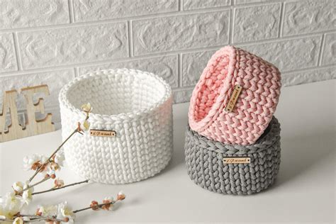 Crochet Organizer Basket Yarn Storage White Pink Grey - Etsy