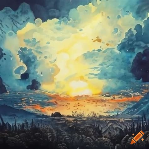 Linocut illustration of storm clouds over surreal landscape at sunrise on Craiyon