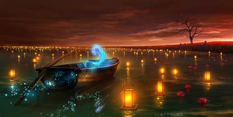 Download Lantern Night Lake Boat Anime HD Wallpaper