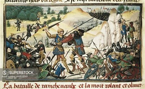 Battle of Roncevaux Pass (778). Knight Roland's death. Illuminated manuscript (14th c.). Gothic ...