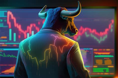 Bull wearing suit working with graph on screen, Bullish in Stock market and Crypto currency ...