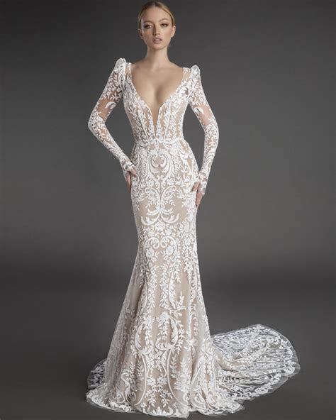 All Over Lace Long Puff Sleeve Sheath Wedding Dress With Plunging V Neckline | Kleinfeld Bridal