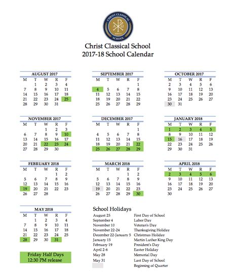 Current school calendar for Christ Classical School